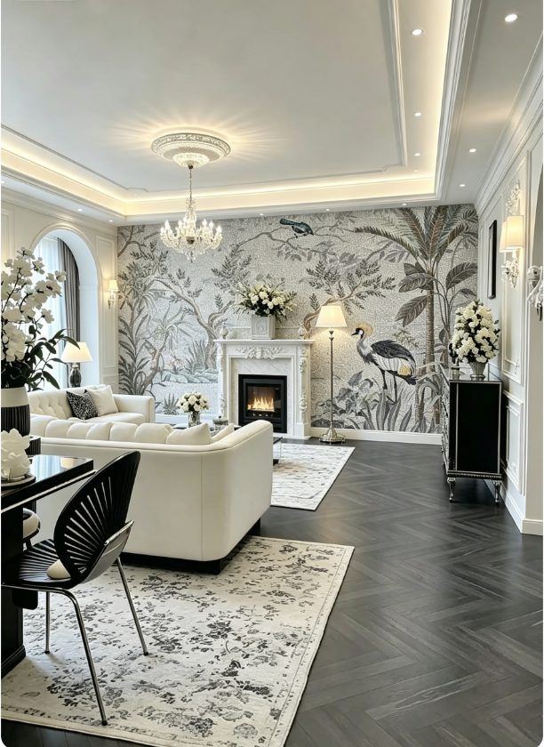 Grey crowned crane among botanical trees on a handcut mosaic mural covering the wall around a fireplace in a luxury living room
