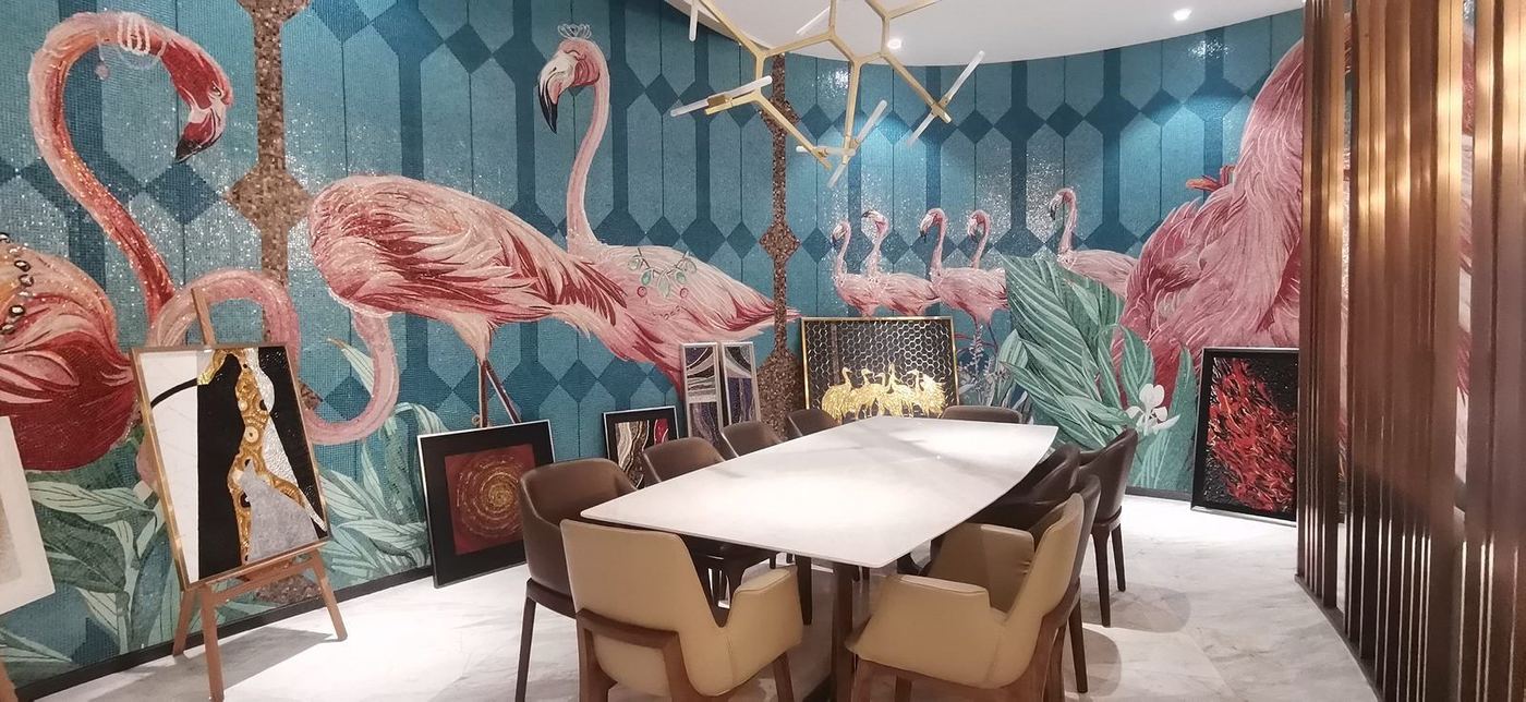 Tropical flamingo mosaic meeting room feature wall